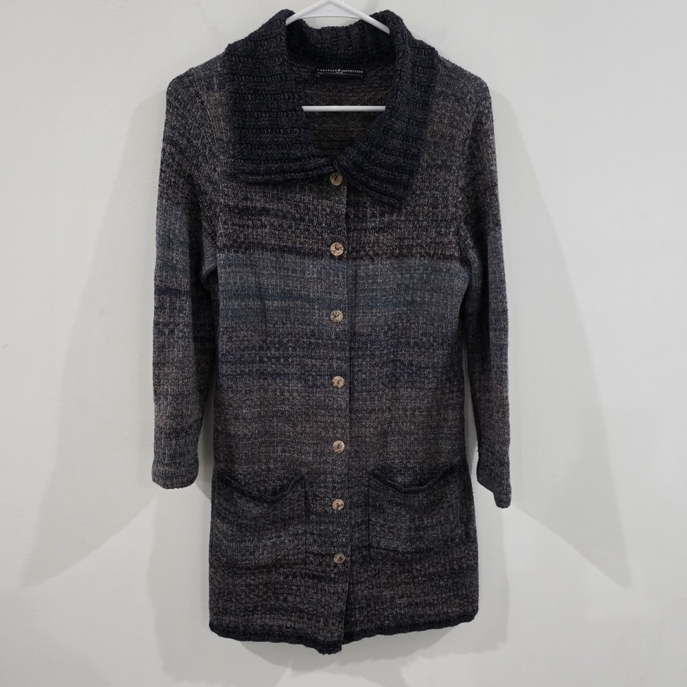 Peruvian Connection Womens Long Button Up Cardigan Size Small Striped Cozy Soft